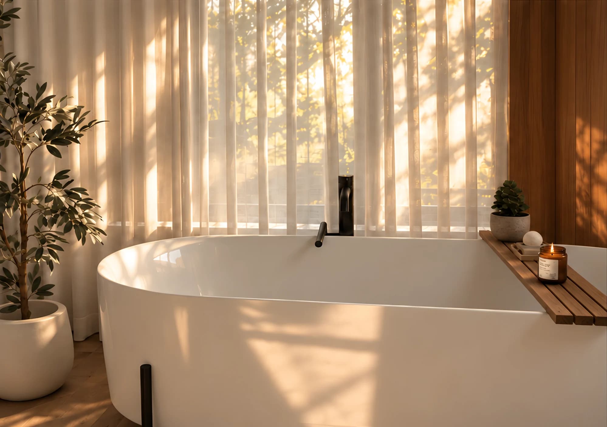 White freestanding bathtub before linen sheers and a wooden wall, a lit Maison d’Herbes candle on the bath tray, a potted olive tree