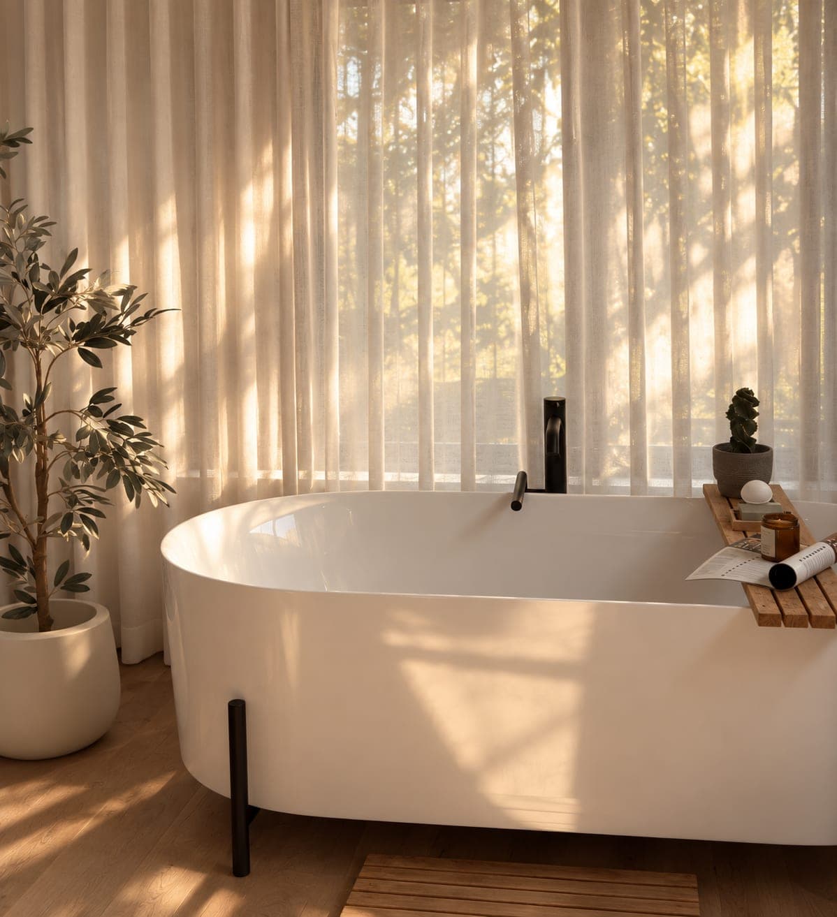 White freestanding bathtub before long linen sheers, golden evening light and a potted olive tree