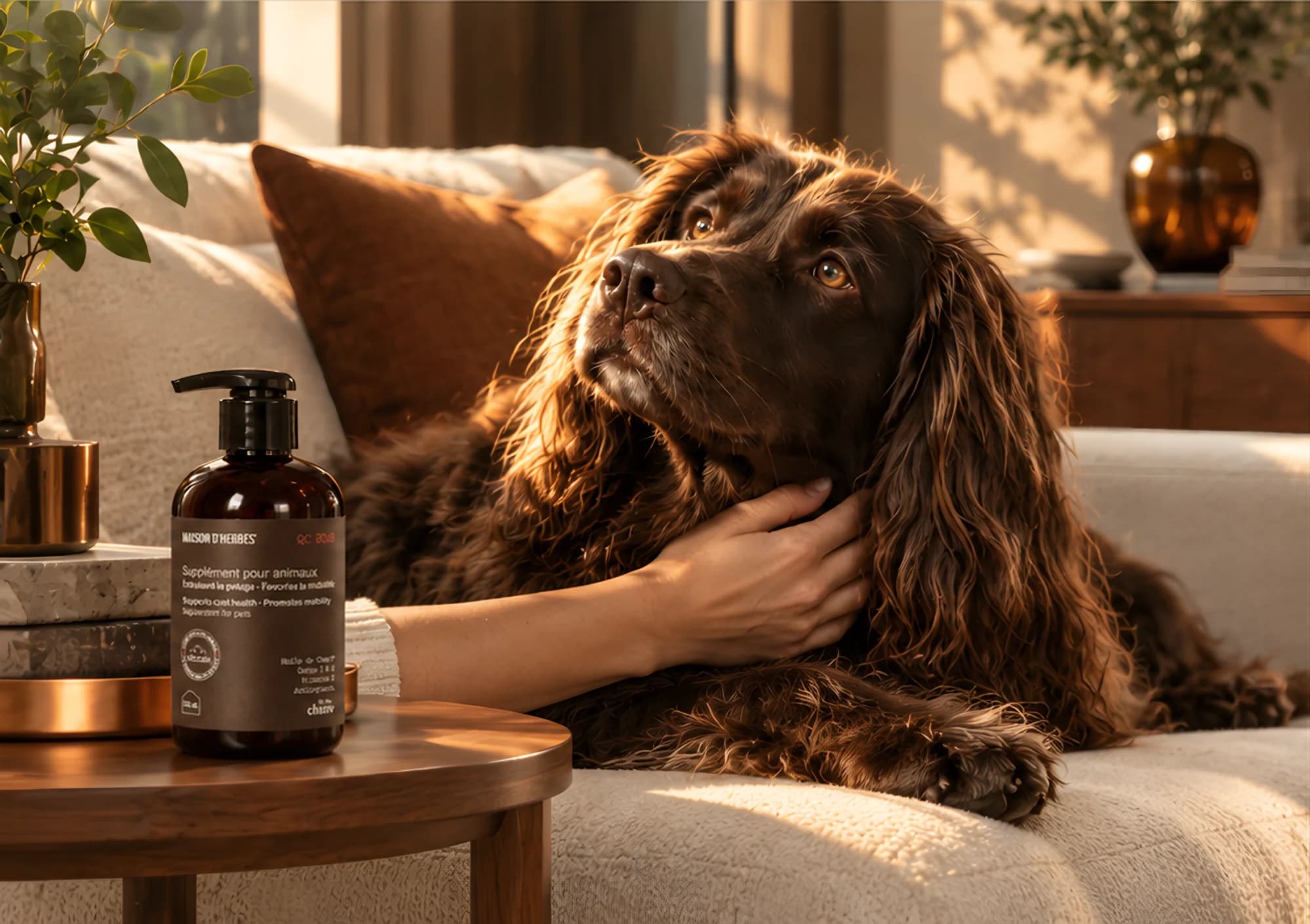 A brown spaniel lying on a sofa, a hand stroking its neck; a bottle of Maison d’Herbes pet supplement on the side table