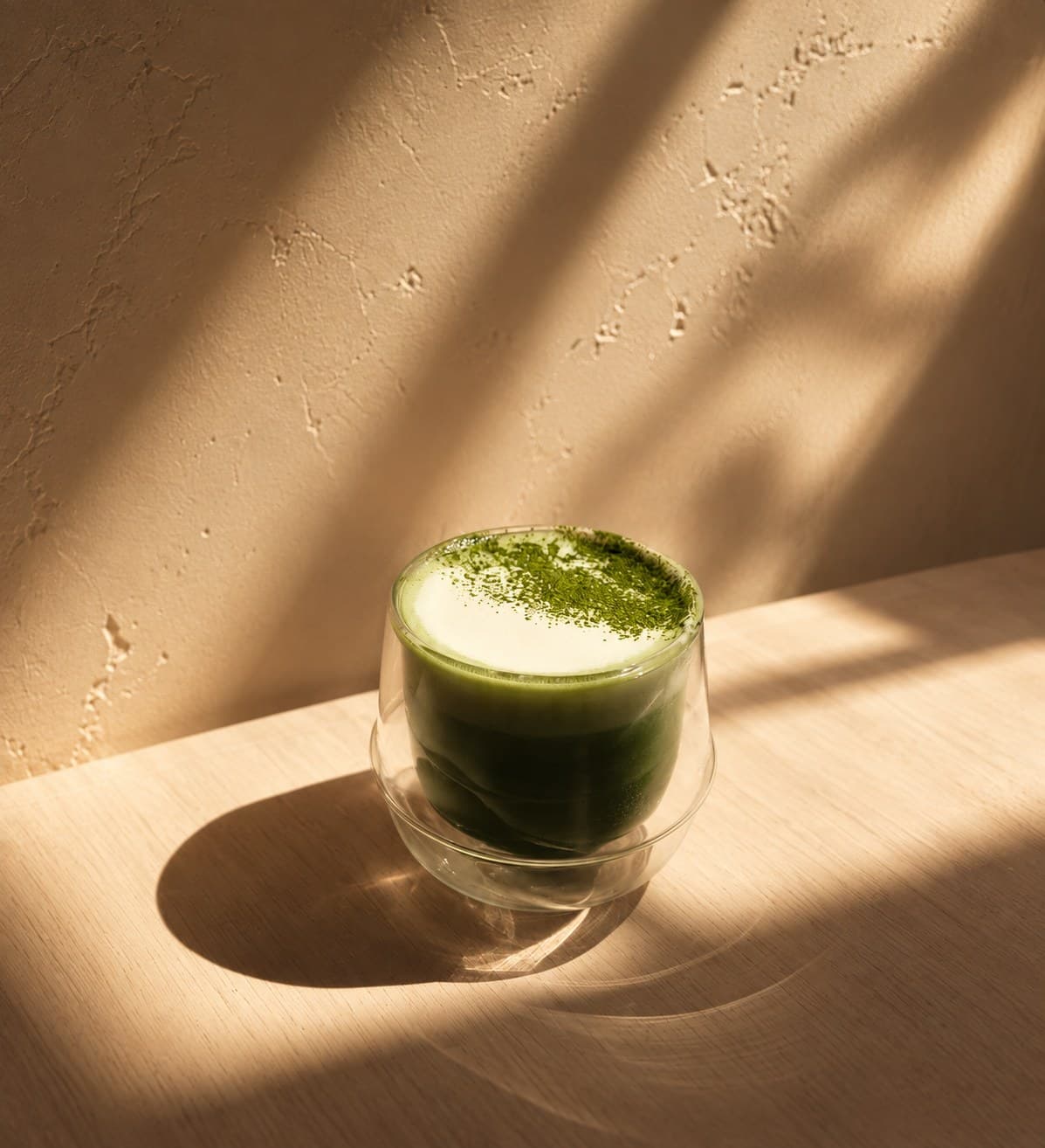 Verre à double paroi rempli de matcha latte, mousse saupoudrée de thé vert, sur une table de bois en lumière rasante