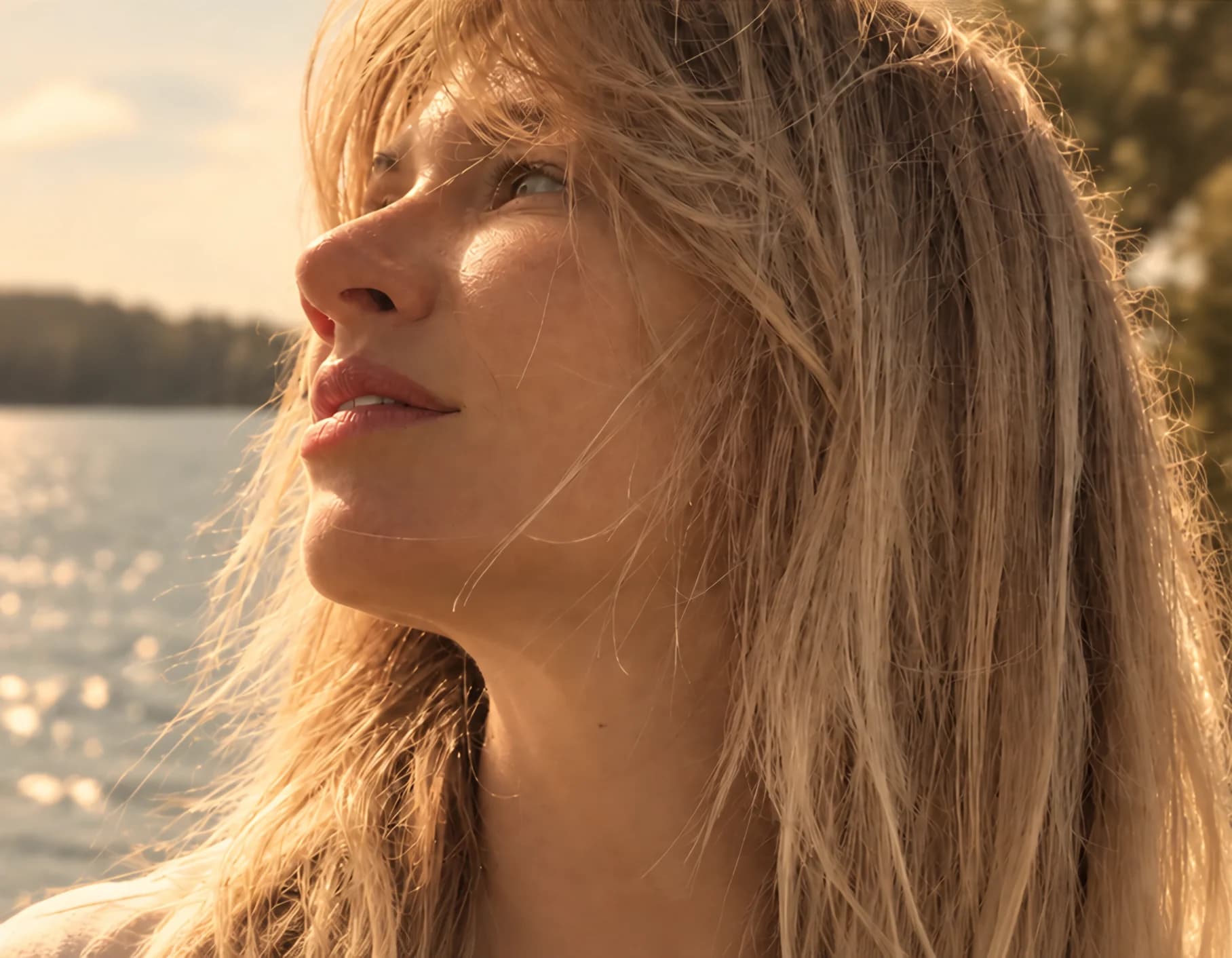 Visage levé vers la lumière dorée du couchant, cheveux blonds au vent devant un plan d’eau