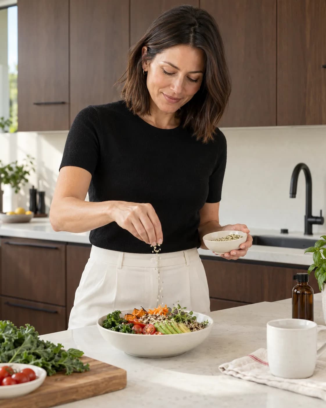 A woman prepares her meal in a contemporary kitchen with dark brown cabinets and an ivory counter.