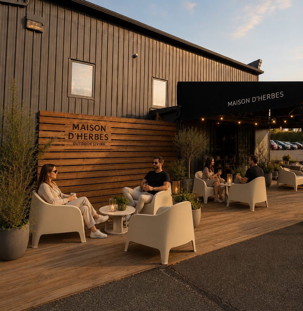 Maison d’Herbes outdoor terrace at sunset, guests seated in cream armchairs