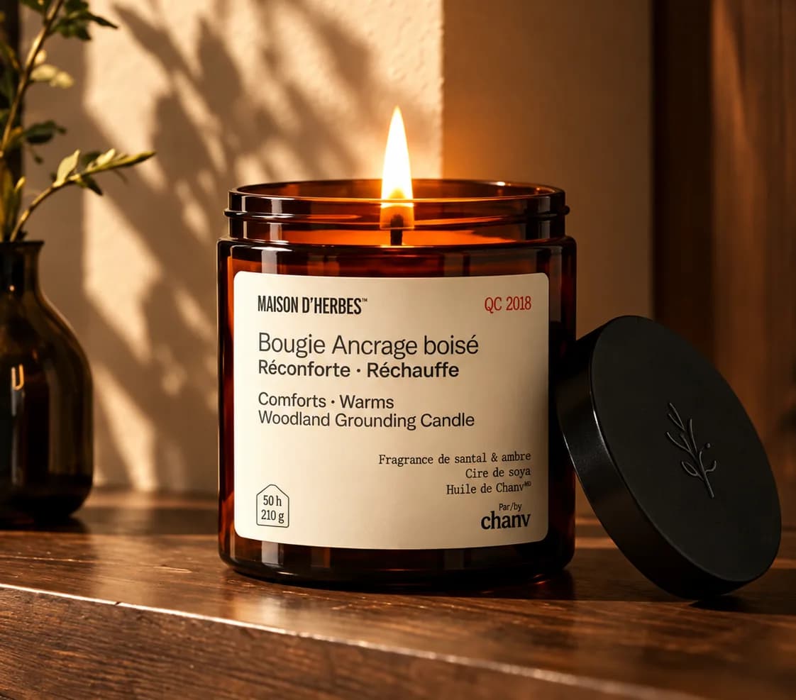 La bougie Ancrage boisé Maison d’Herbes allumée dans son pot ambré, son couvercle posé à côté