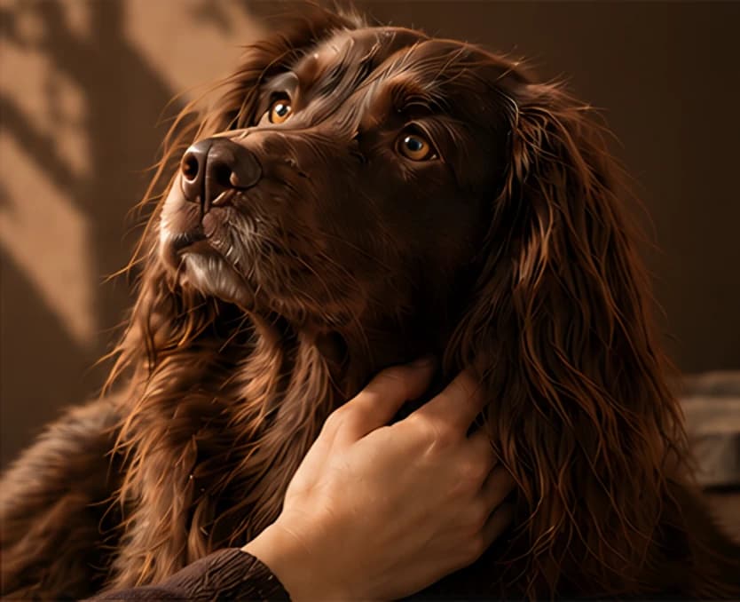 Un chien au long poil brun lève la tête, une main posée sur son poitrail