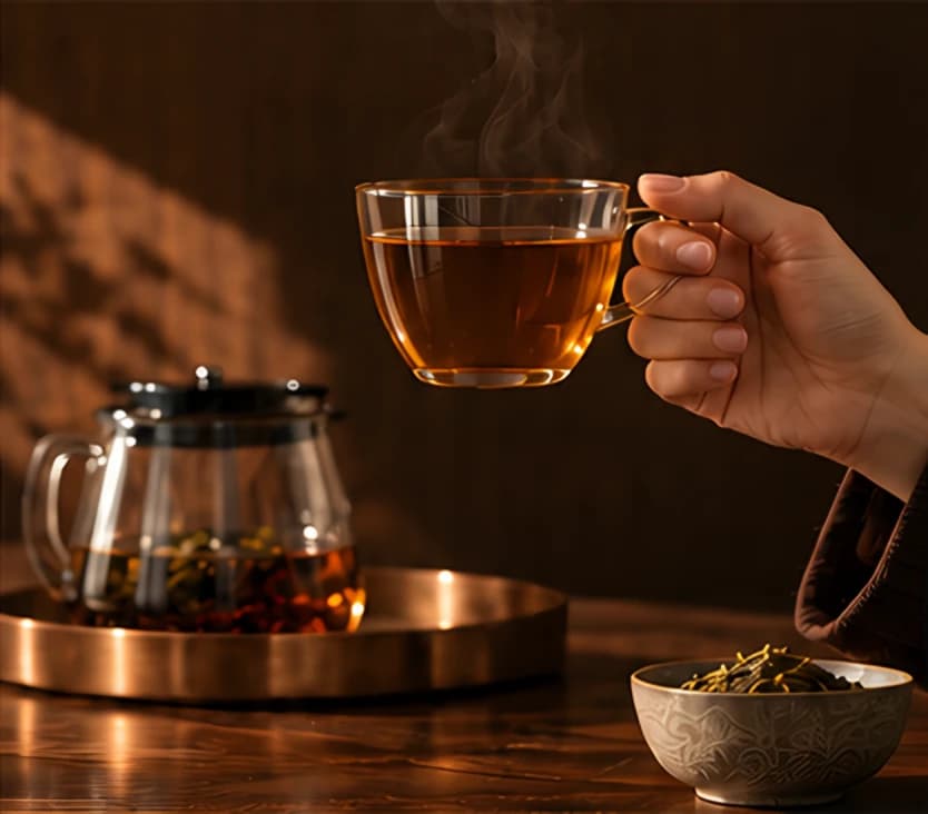 Une tasse de verre fumante tendue au-dessus d’une théière d’infusion, sur un plateau de cuivre