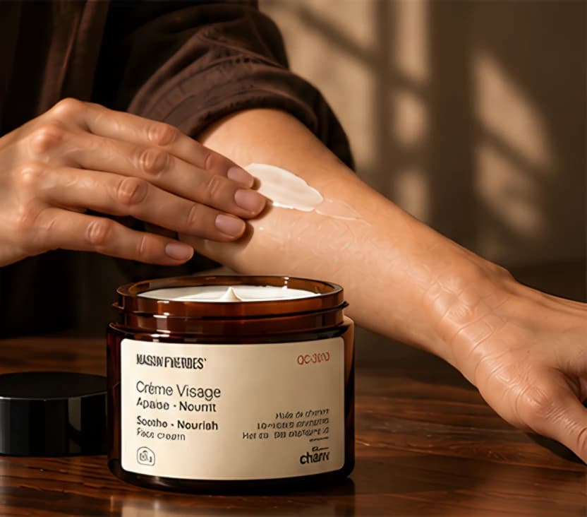 Une main étale la Crème Visage Maison d’Herbes sur un avant-bras, le pot ouvert sur une table de bois