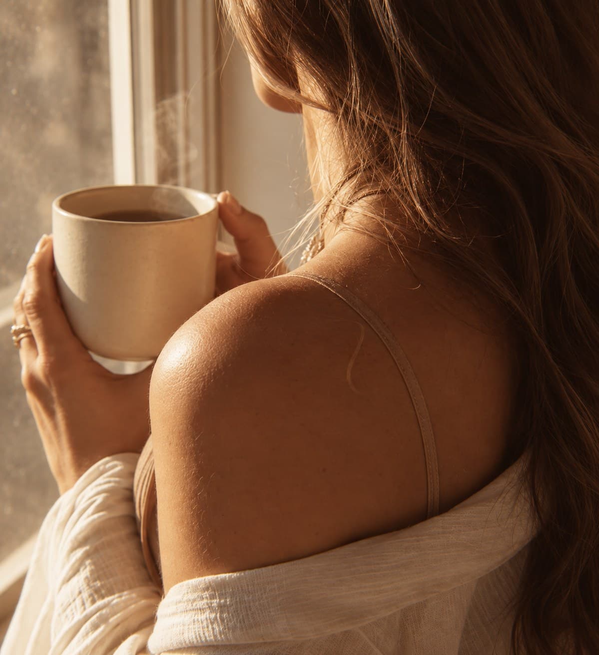 De dos, à la fenêtre, une femme tient une tasse fumante à deux mains dans la lumière du couchant