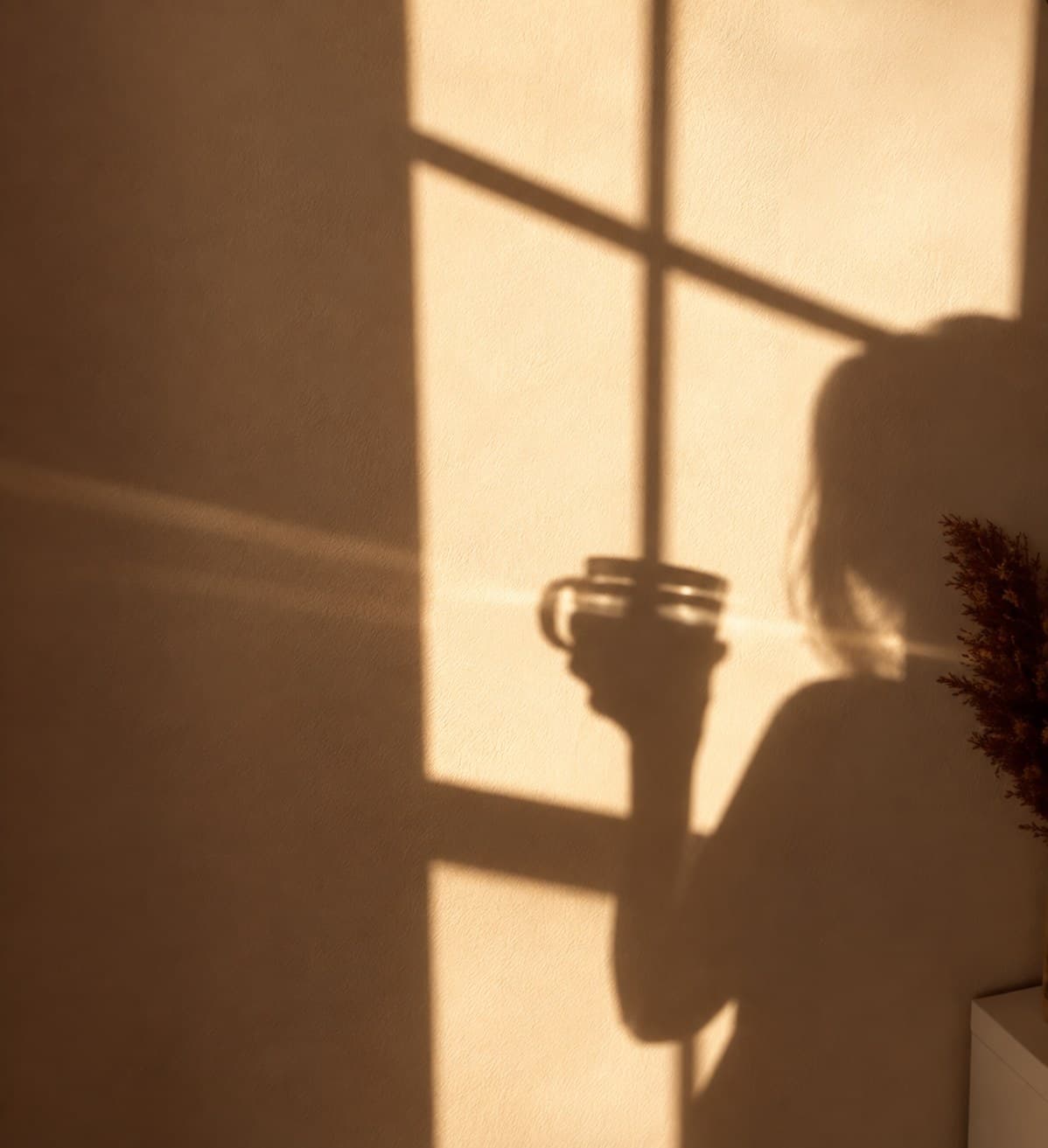 Ombre portée sur un mur ocre : une silhouette tient une tasse devant une fenêtre, une gerbe séchée à côté